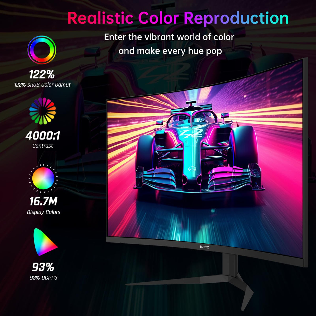 KTC 1ms GTG response time reduces motion blur in fast games