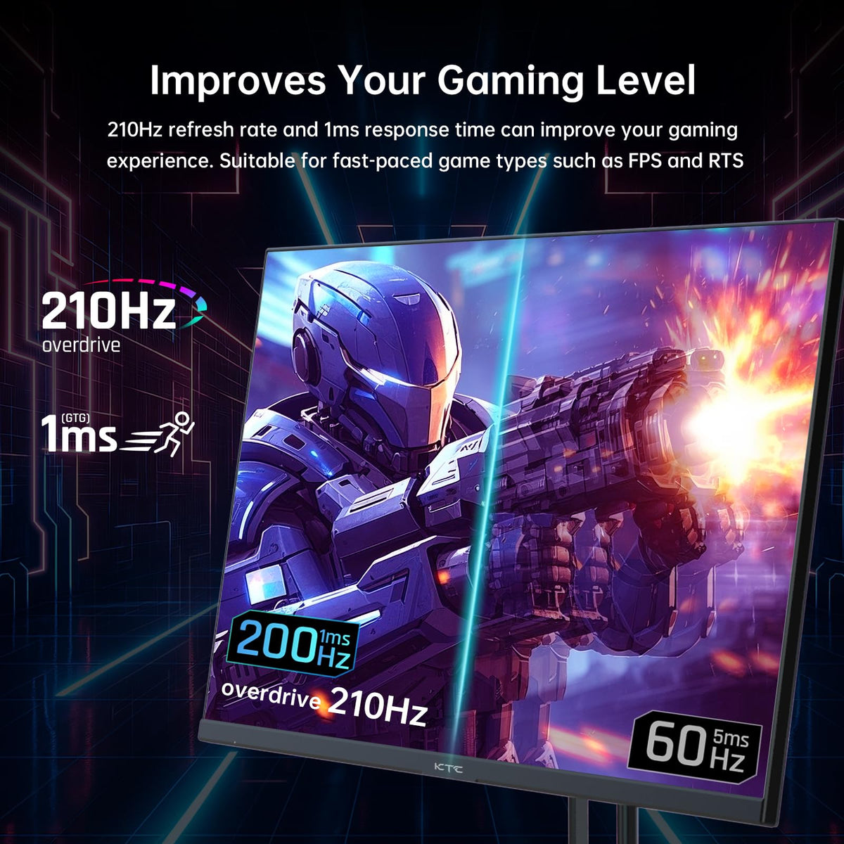 KTC 210Hz overclocked display close-up illustrating ultra-smooth motion during fast gaming.