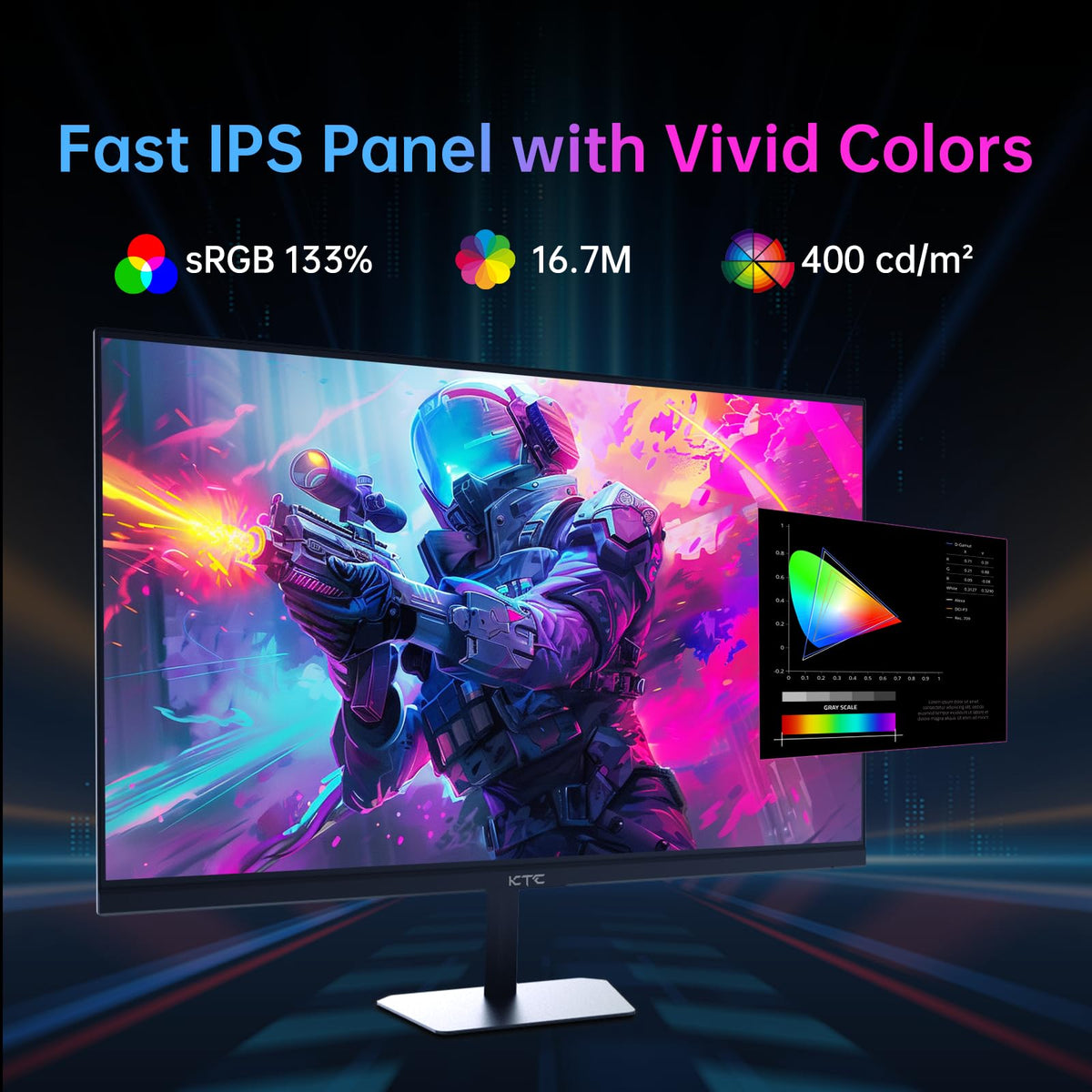 KTC 24in with 1ms response and Freesync for responsive, tear-free gaming.