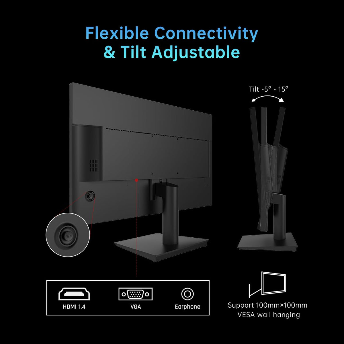 KTC 24-inch VESA compatible with tilt adjustment for ergonomic viewing.