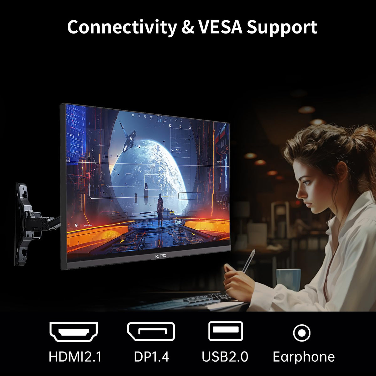 KTC 24-inch monitor tilted to demonstrate ergonomic viewing positions