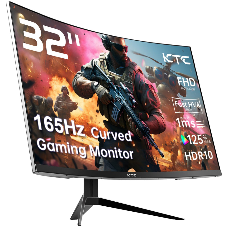 KTC 32-inch curved monitor front view shows 1500R immersion for gaming
