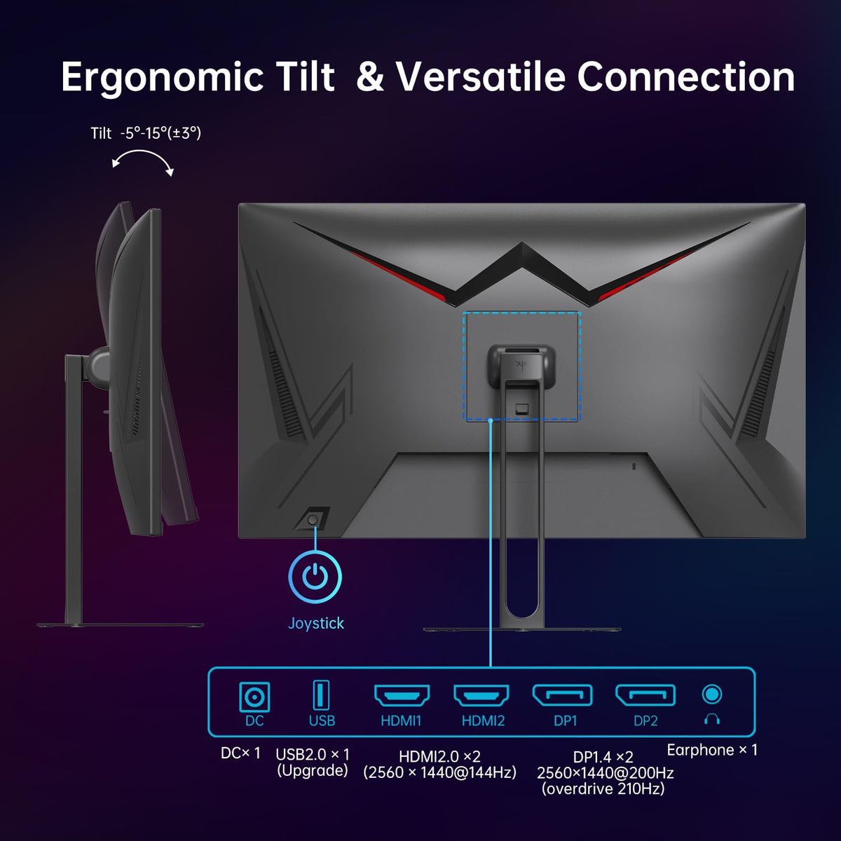 KTC tilt adjustment and VESA compatibility shown for ergonomic mounting.