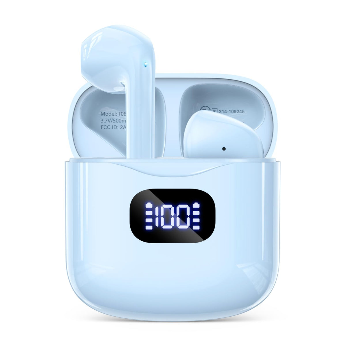 KTGEE T08 earbuds front view showing compact design for all-day comfort.