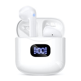 KTGEE T08 front view showing sleek white earbuds and compact case for stylish portability