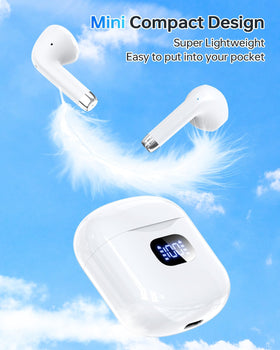 KTGEE earbuds next to a hand for scale showing compact, lightweight design and easy carry