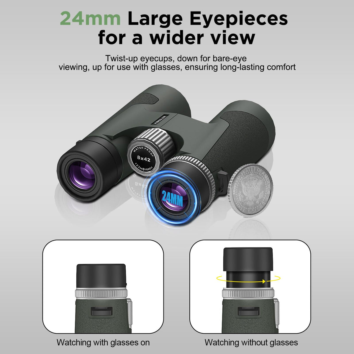 Kttrey 8x42 binoculars wide field view at 368 ft/1000 yds for rapid scanning.