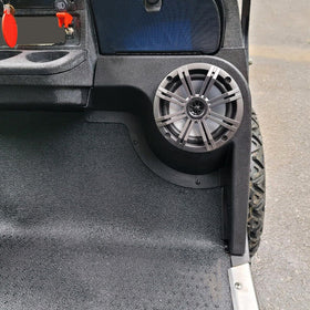 KUAFU lifestyle image of a golf cart driving with pods installed enhancing onboard audio enjoyment
