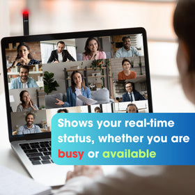 Kuando Busylight Alpha showing red status indicating busy or in-call at-a-glance benefit