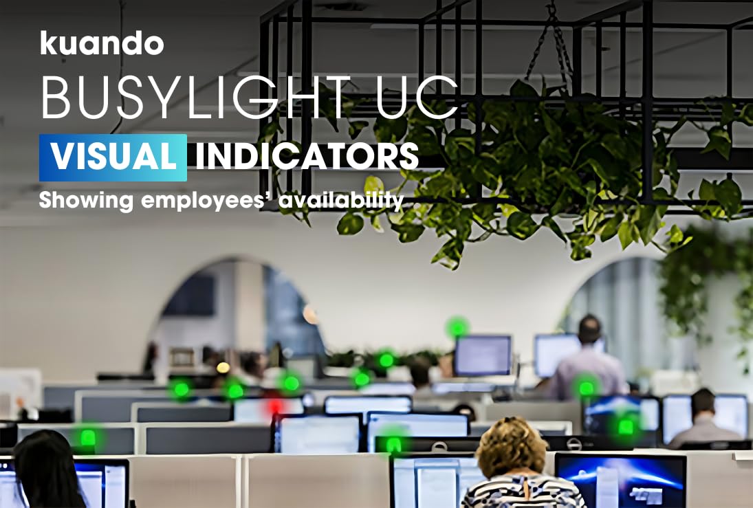 Kuando Busylight Alpha with laptop in a meeting demonstrating Outlook integration and meeting sync benefit