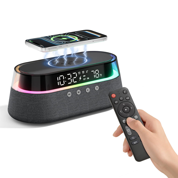 KUANGXIANG front view showing clock, speakers and charger for neat bedside use