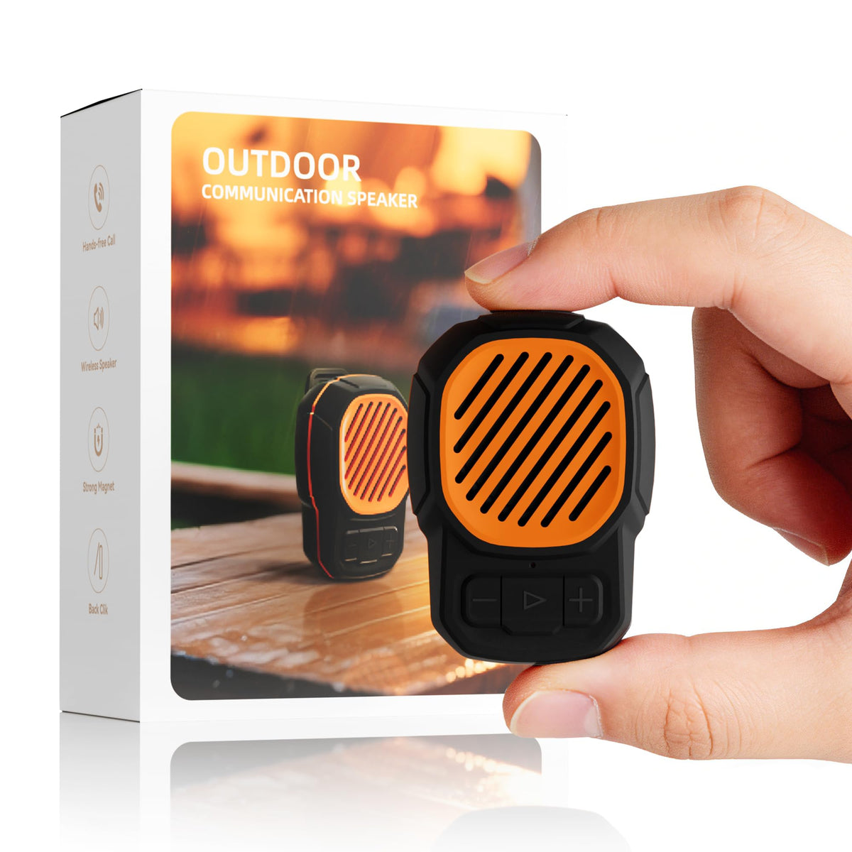 KUANGXIANG wearable Bluetooth speaker magnetic clip close-up showing secure attachment.