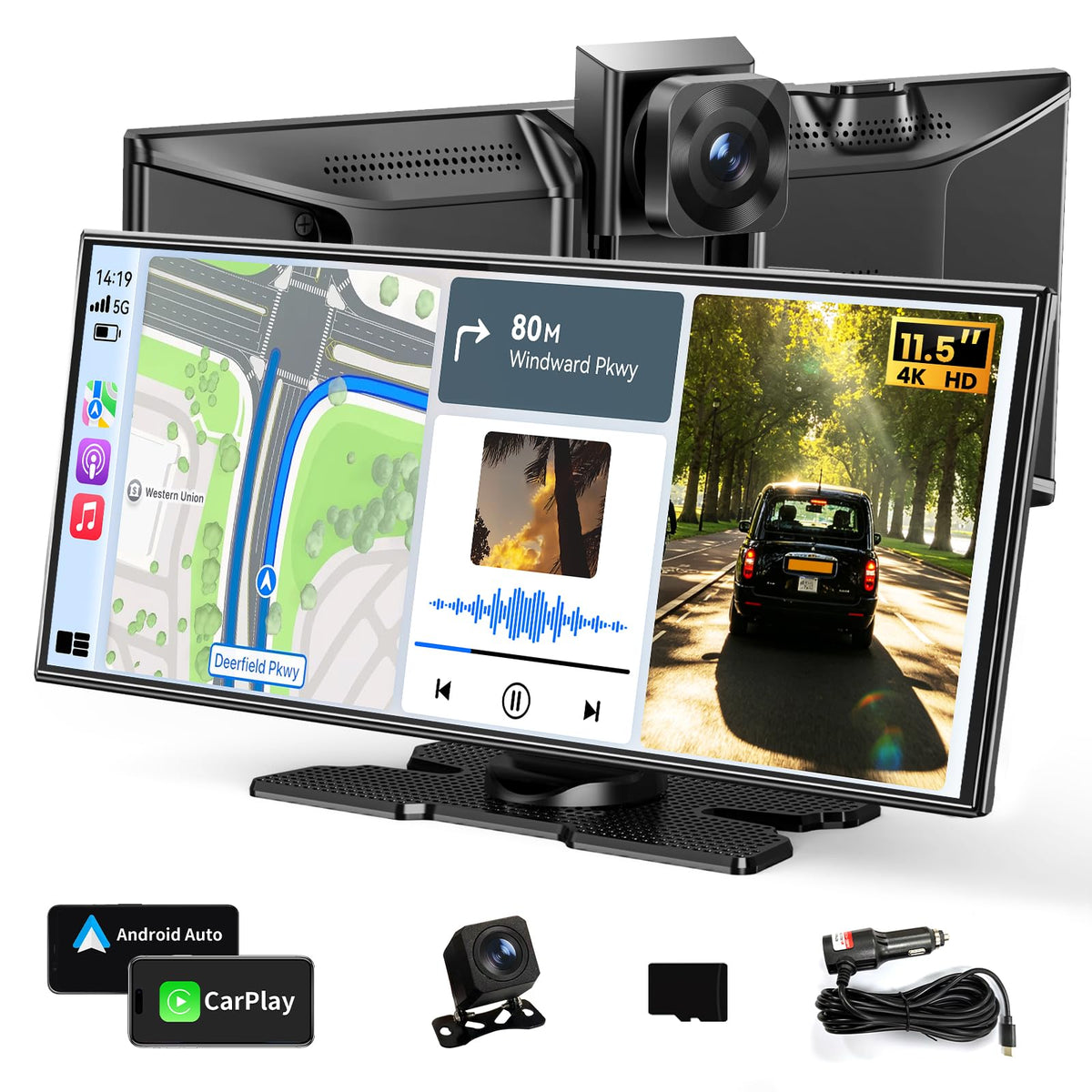 Kuayvan 11.5-inch CarPlay screen front view highlighting a large display for easier app access on the road.