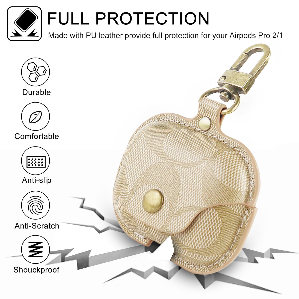 KUCOON AirPods Pro leather case clipped to backpack for secure on-the-go use.