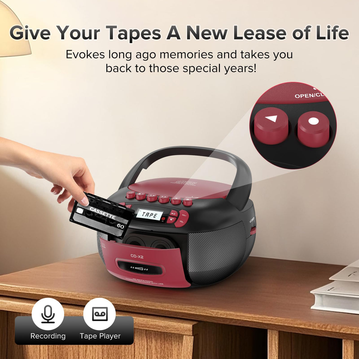 Kuephom Boombox USB MP3 playback with AUX input for versatile listening.