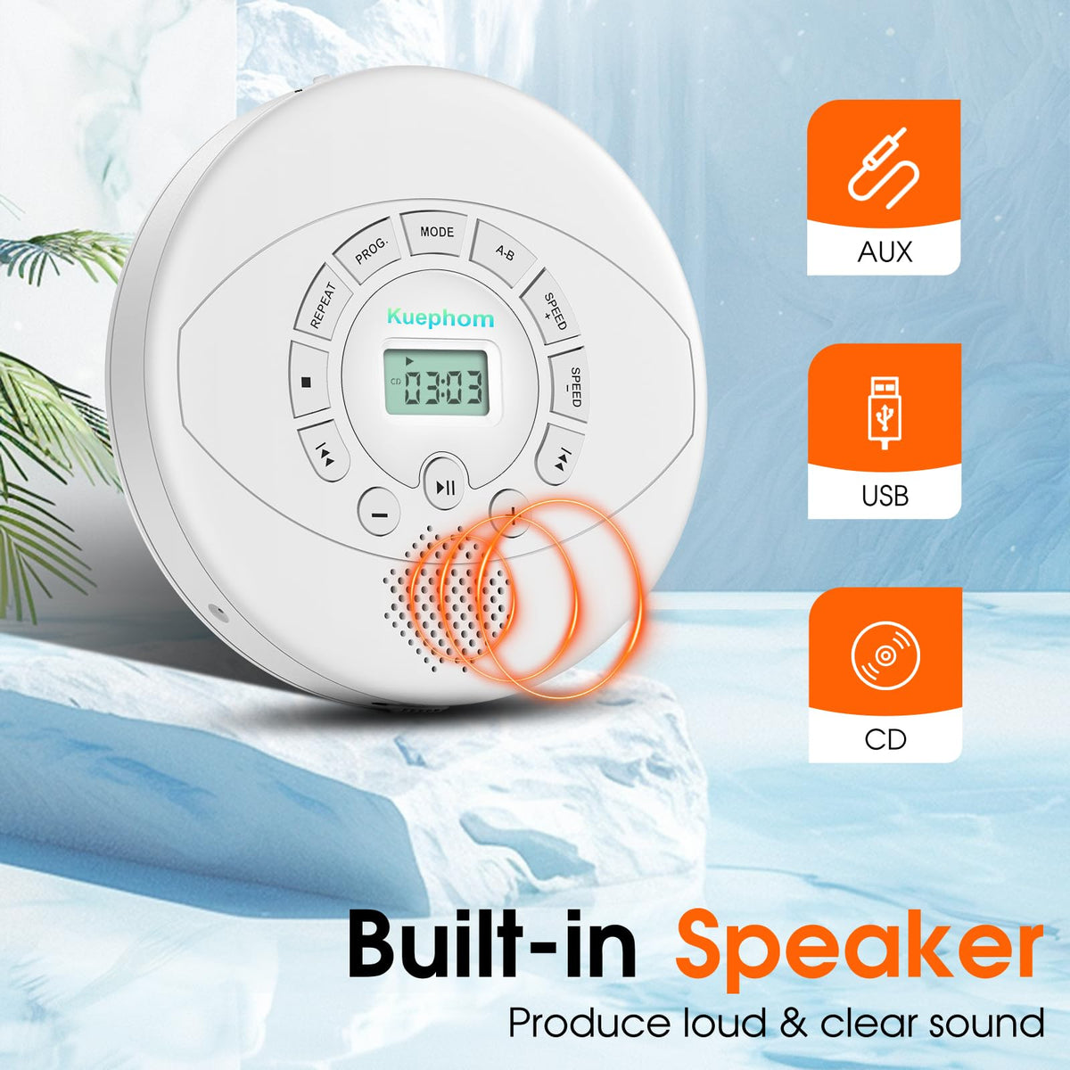 kuephom built-in speaker closeup highlighting grille and clear sound for small rooms