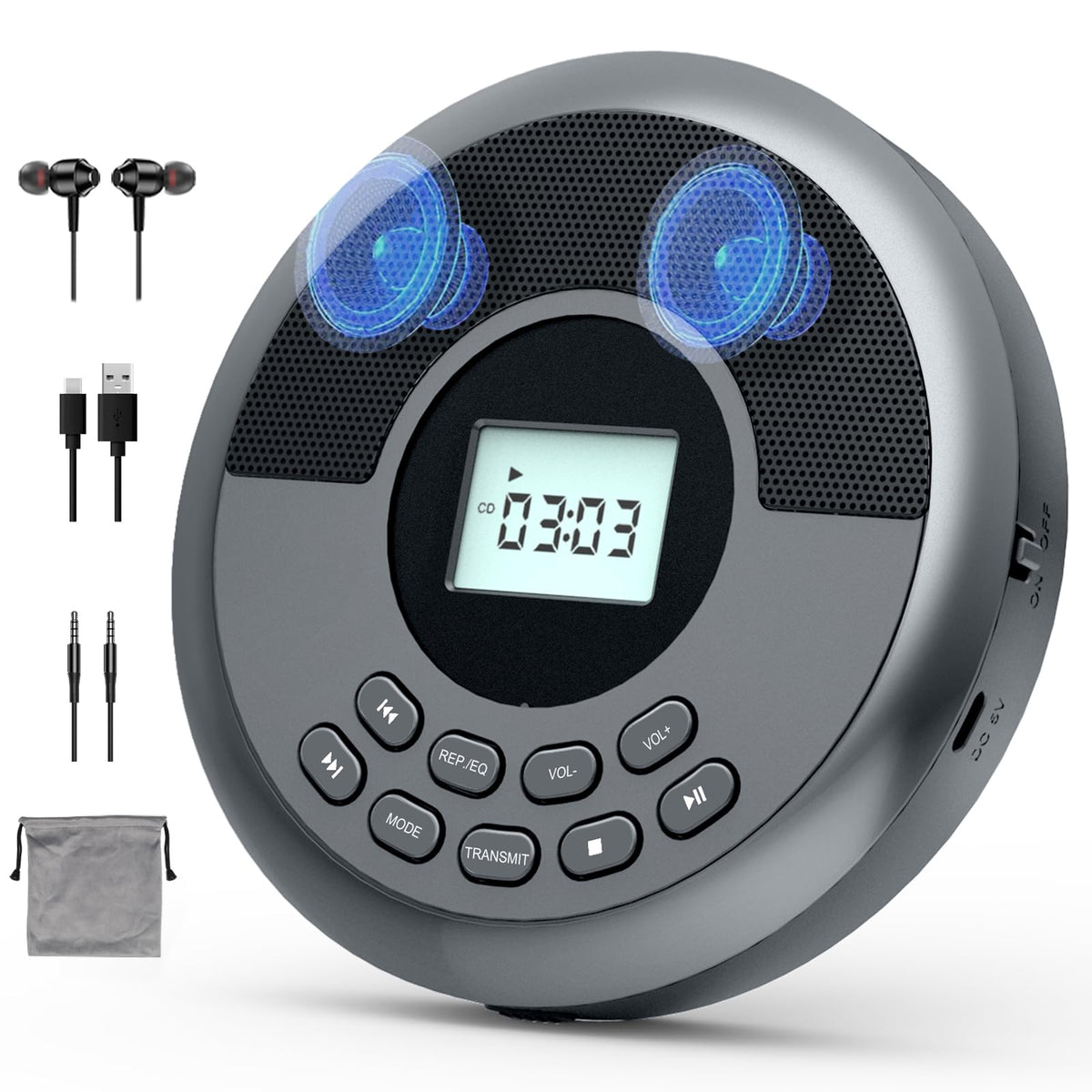 Kuephom front view showing player and packaging, highlights portability and features