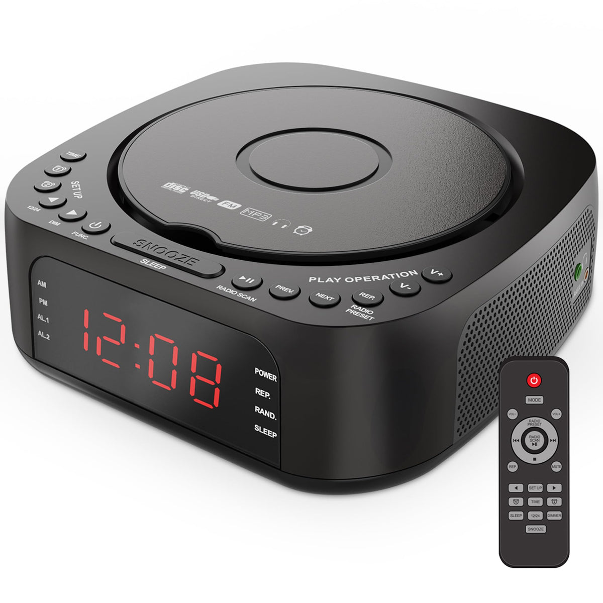 Kuephom front view on nightstand shows compact design and clear controls for easy use