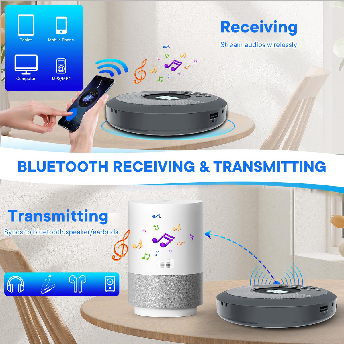 Kuephom headphones and player together, includes accessories for private listening