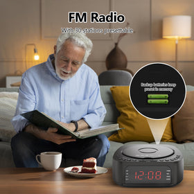 Kuephom unit in bedroom setting on nightstand illustrating integrated audio and alarm convenience