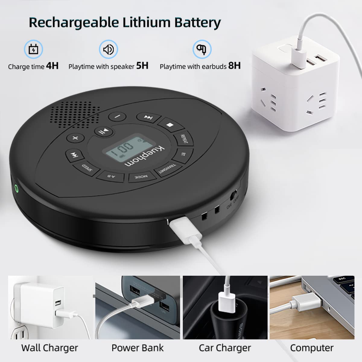 Kuephom open top with CD visible highlighting disc compatibility and easy loading benefit