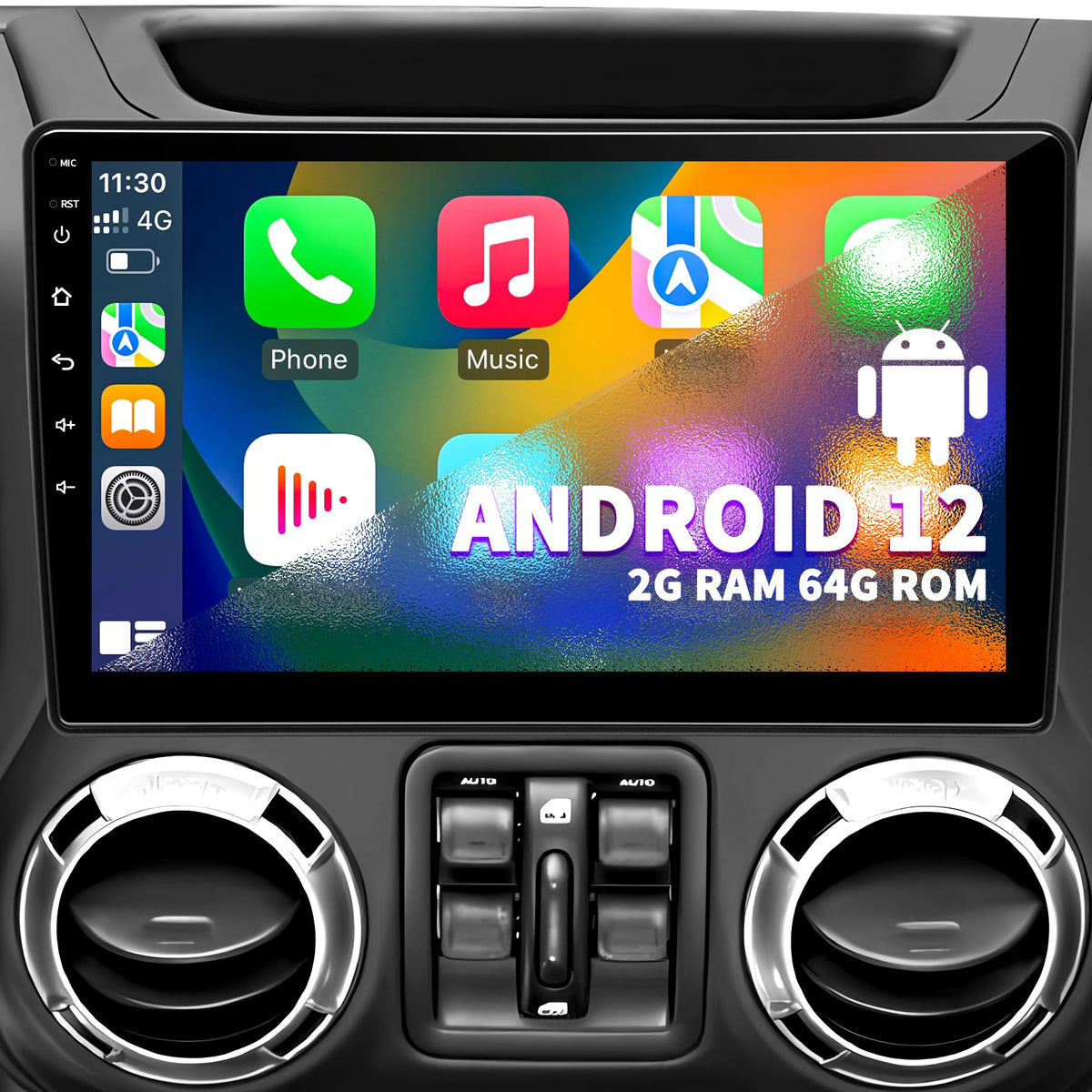 KUFUESGGERTA car stereo in Jeep dashboard with Android 12 for quick navigation and entertainment.