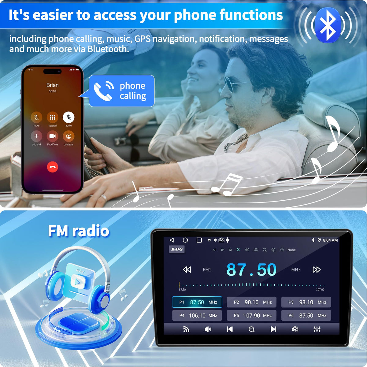 KUFUESGGERTA wireless CarPlay and Android Auto enable hands-free control and navigation.