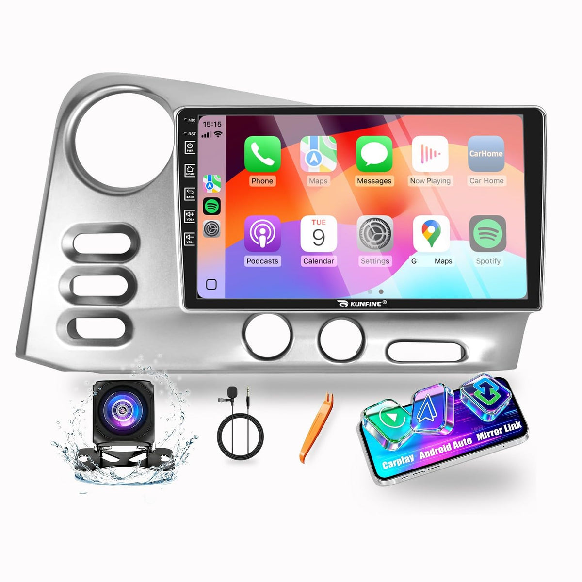 KUNFINE 9 inch IPS headunit with touch display for CarPlay connectivity.