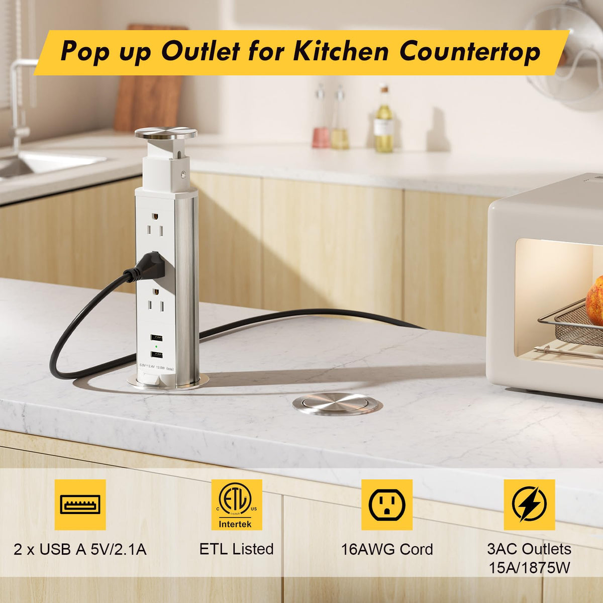 Kungfuking closeup of three AC outlets and two USB ports for versatile charging
