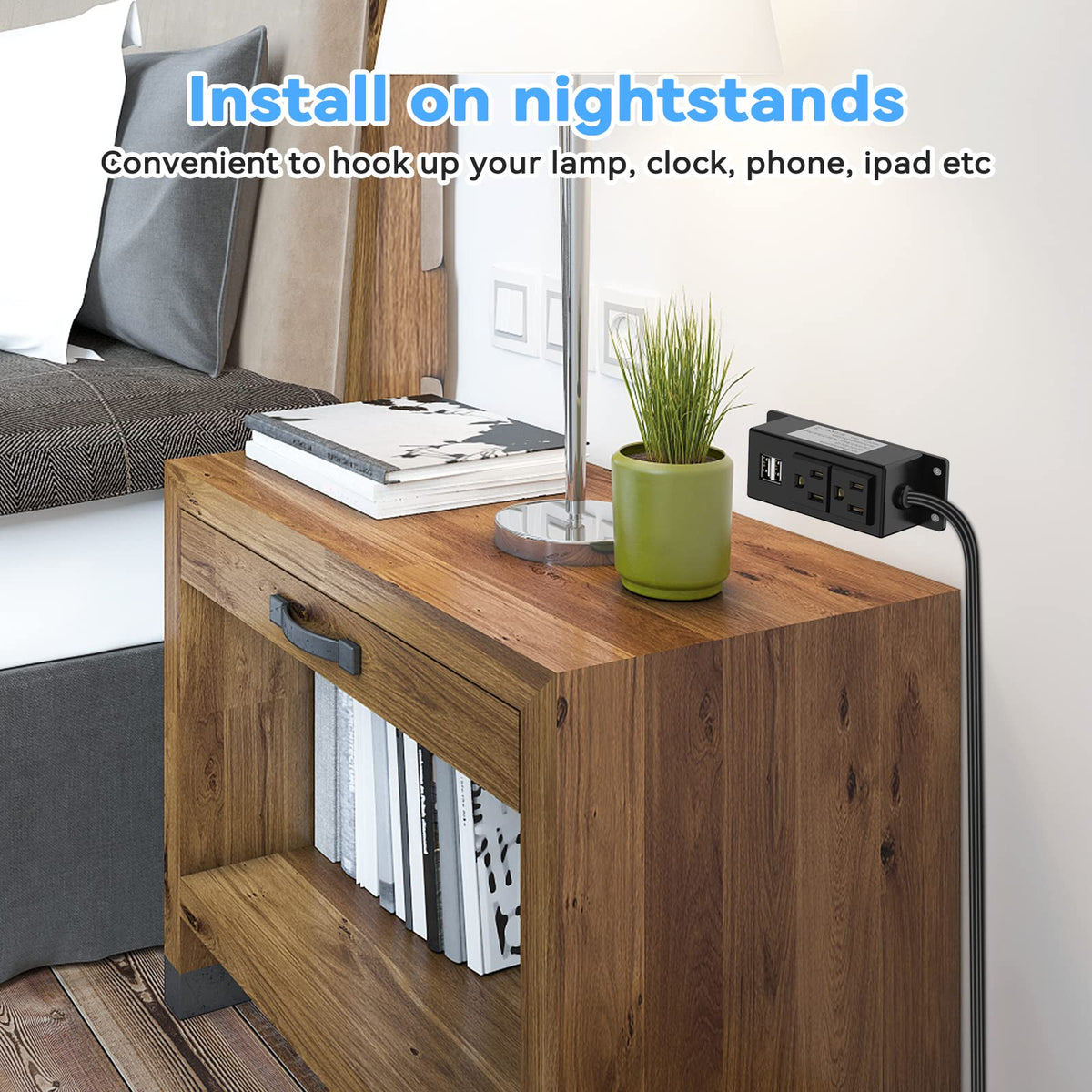 Kungfuking desk setup showing USB charging and AC outlets in use.
