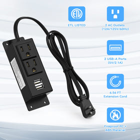 Kungfuking power strip sockets and USB ports in a compact setup for easy charging.