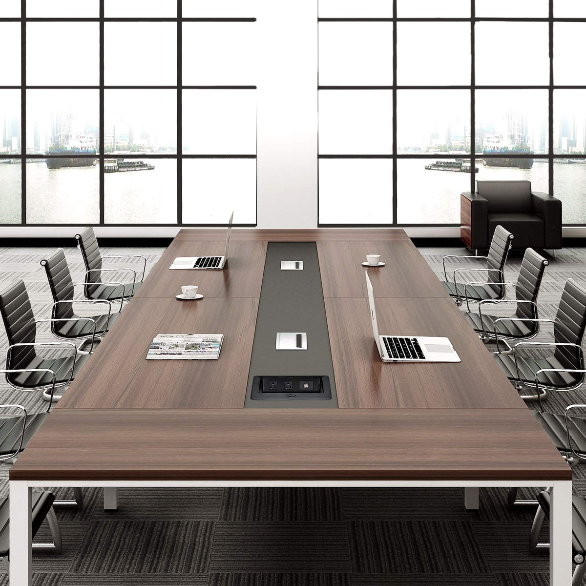 Kungfuking installed in conference room table keeping cords hidden and surfaces tidy