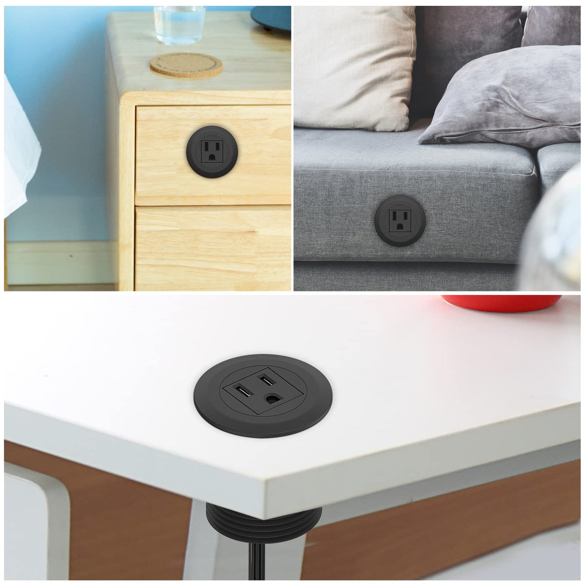 Nightstand setup with flush-mount outlet for bedside devices.