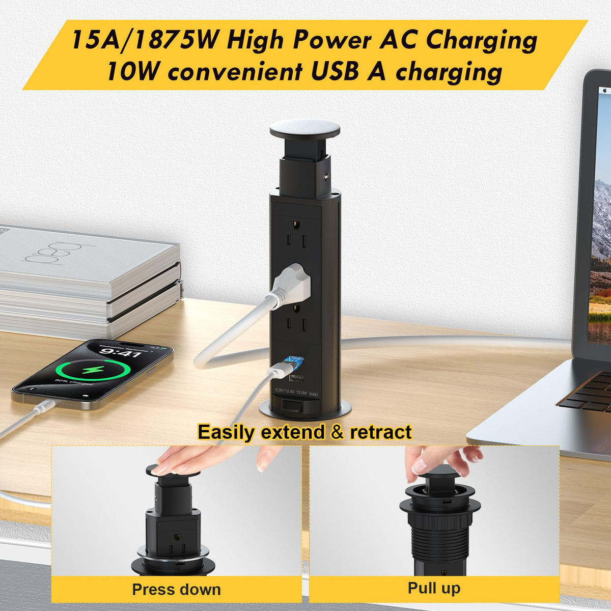 Kungfuking pop up outlet extended on kitchen island providing convenient power