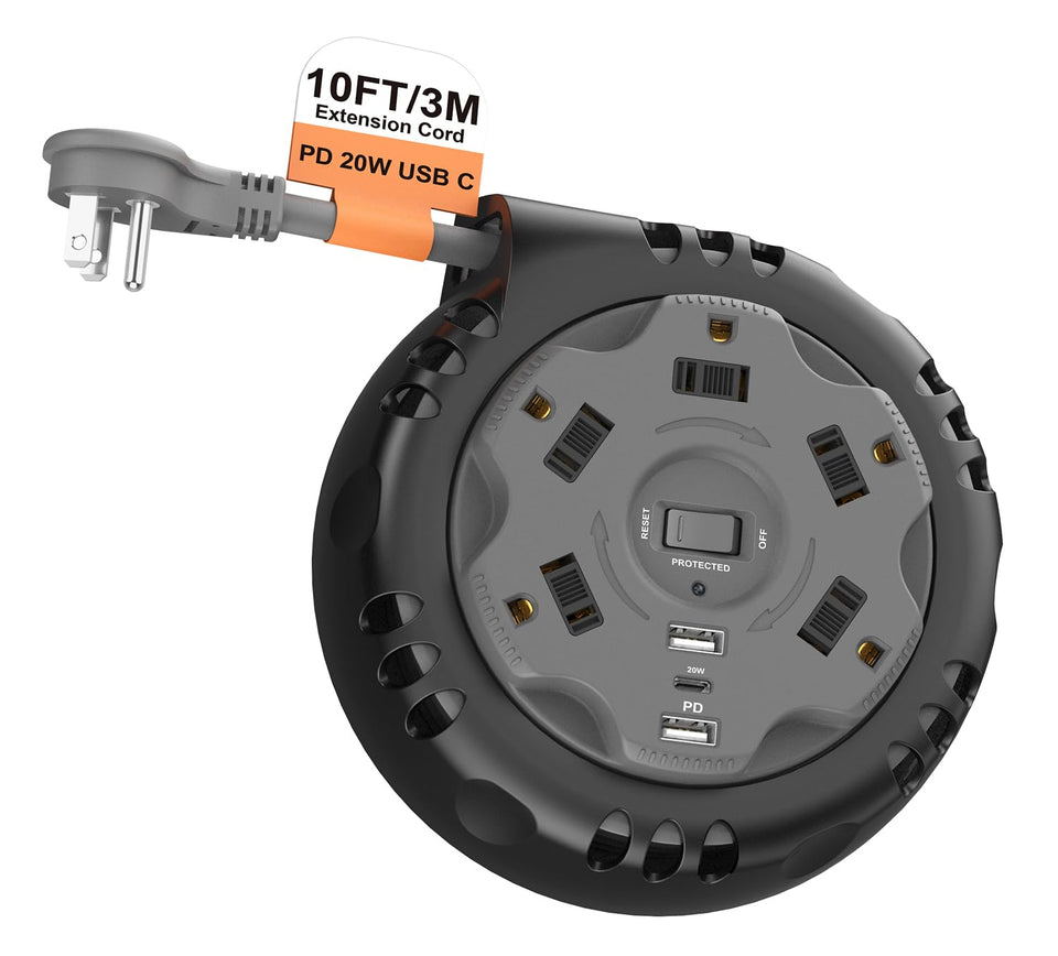Kungfuking retractable power strip with 10ft cord for tidy indoor setups