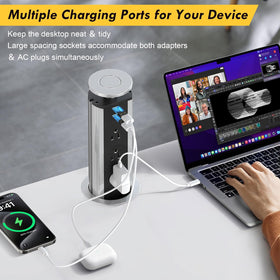 kungfuking closeup of three AC outlets and two USB ports for fast charging benefit