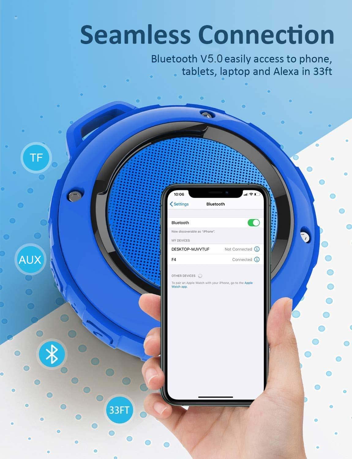 Kunodi Bluetooth Shower Speaker built-in mic for hands-free calls.
