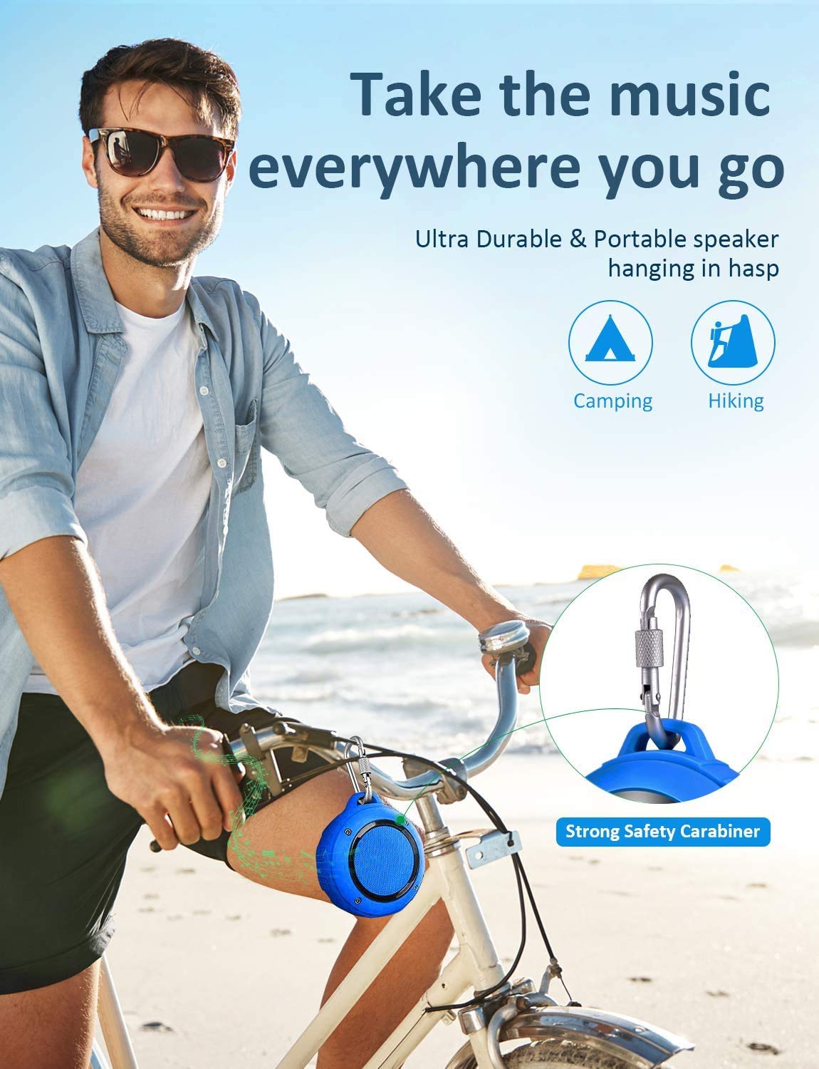 Kunodi Bluetooth Shower Speaker with clip carabiner for portability.