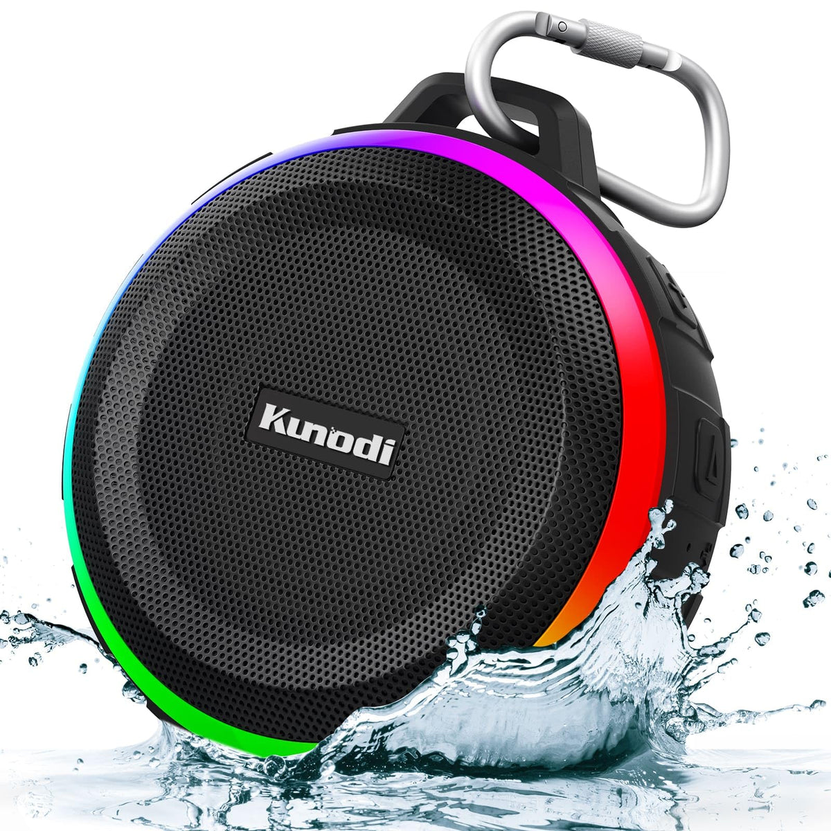 Kunodi Bluetooth shower speaker with IPX7 suction cup for shower use.