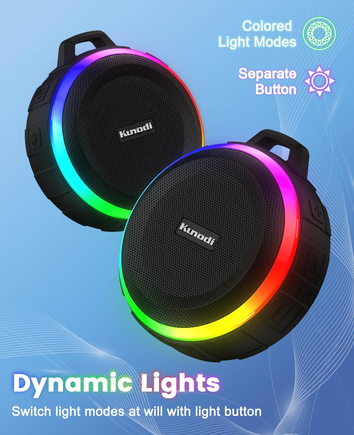 Kunodi clip-on speaker with carabiner for outdoor adventures.