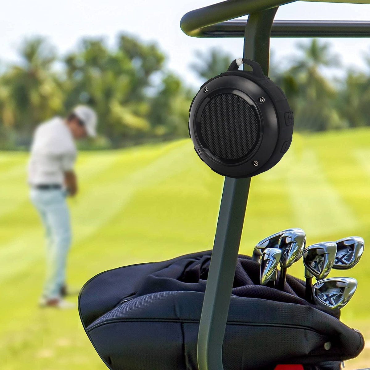 Kunodi F4 bracket waterproof speaker on golf cart delivers portable entertainment.