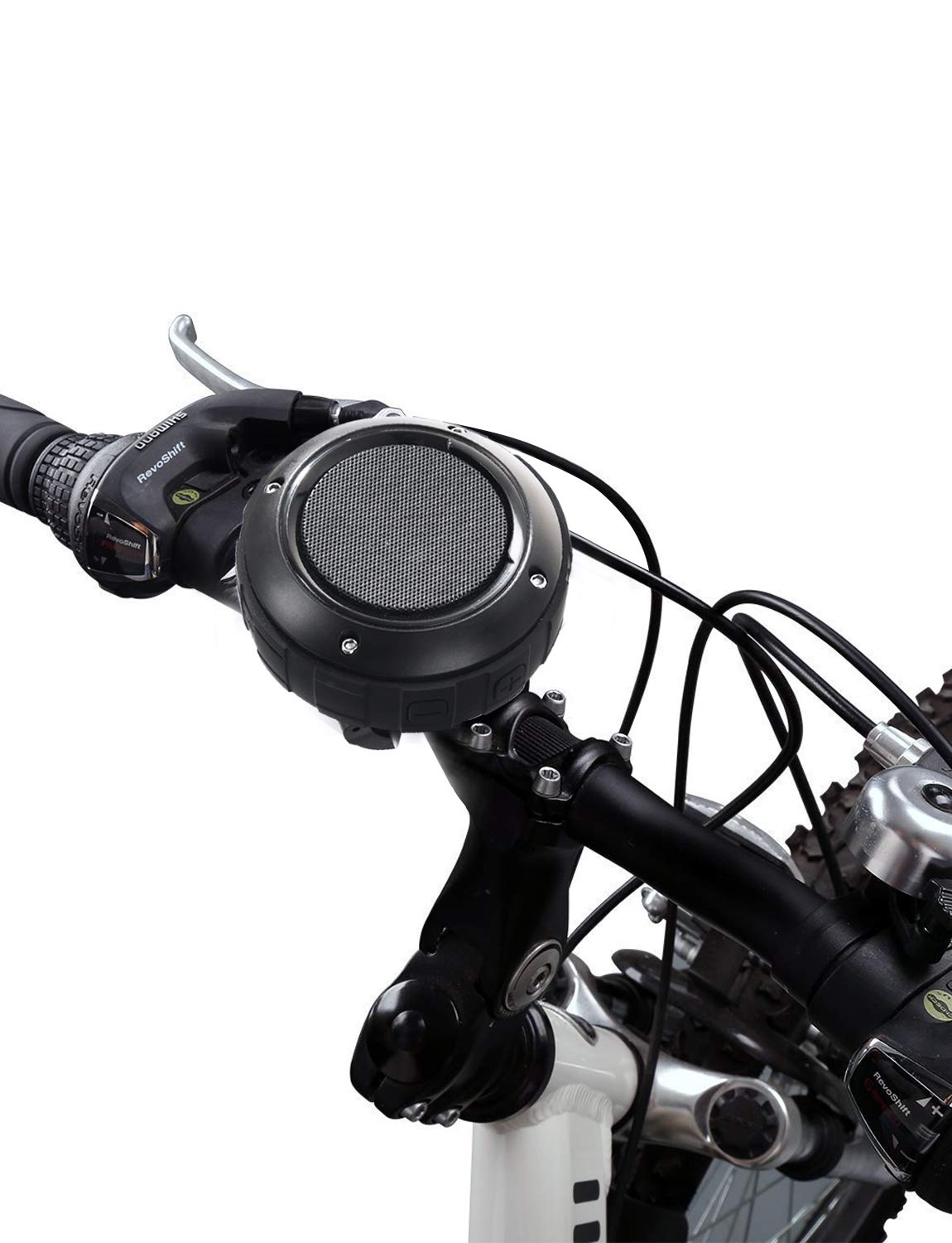 Kunodi outdoor Bluetooth speaker mounted on bike bracket for hands-free riding music.