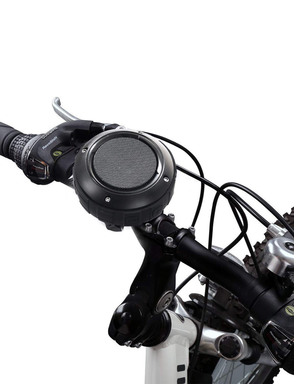Kunodi outdoor Bluetooth speaker mounted on bike bracket for hands-free riding music.