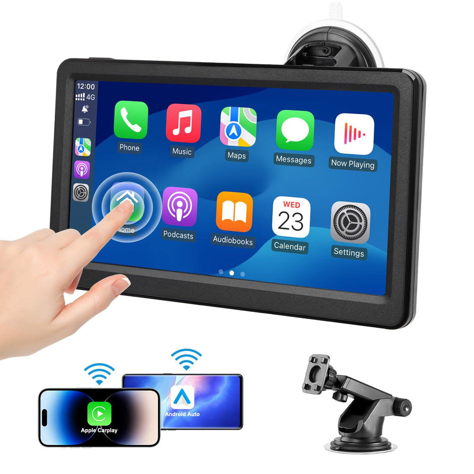 KUONOONER front-mounted 7-inch display showing CarPlay and easy view