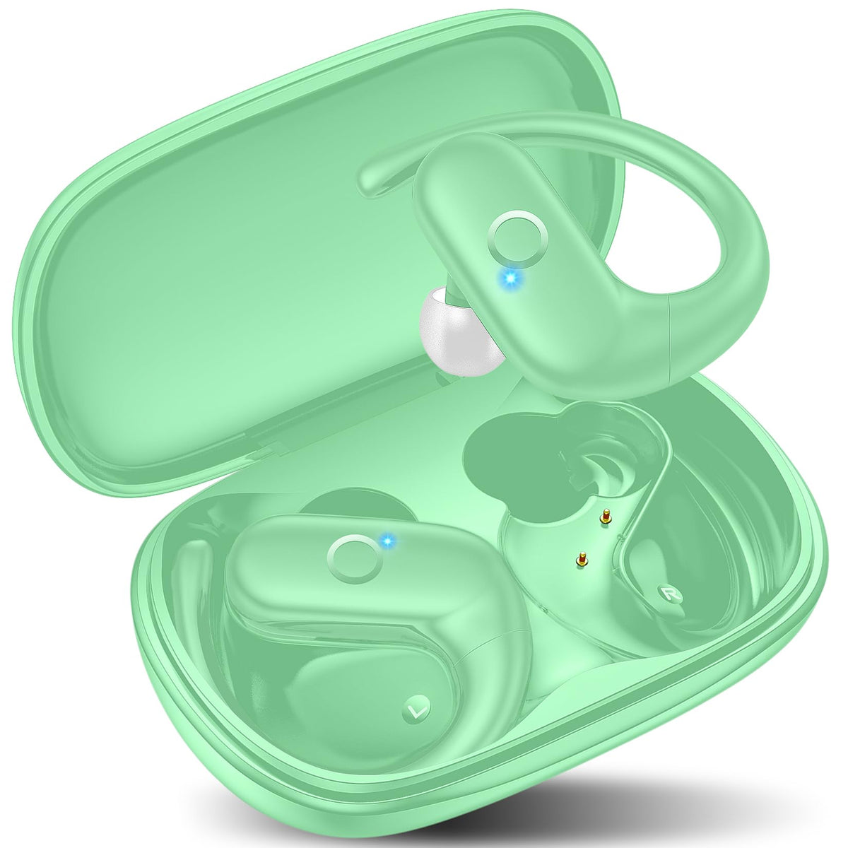 kurdene mint-green earbuds front view showing bold bass and on-the-go listening