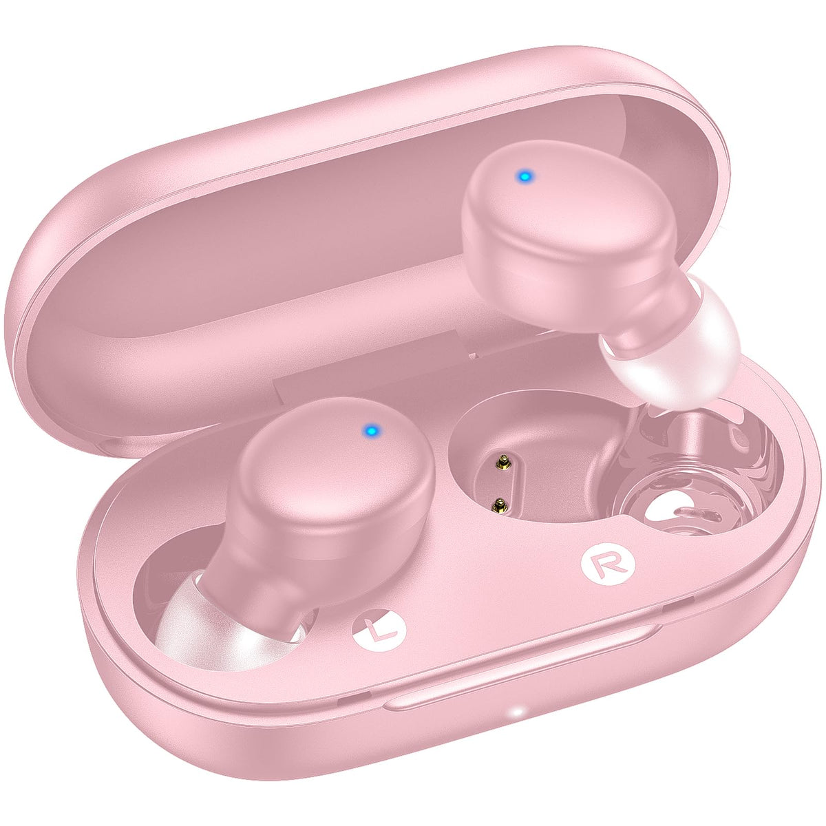 Kurdene wireless earbuds in pink charging case for portable power and quick pairing.