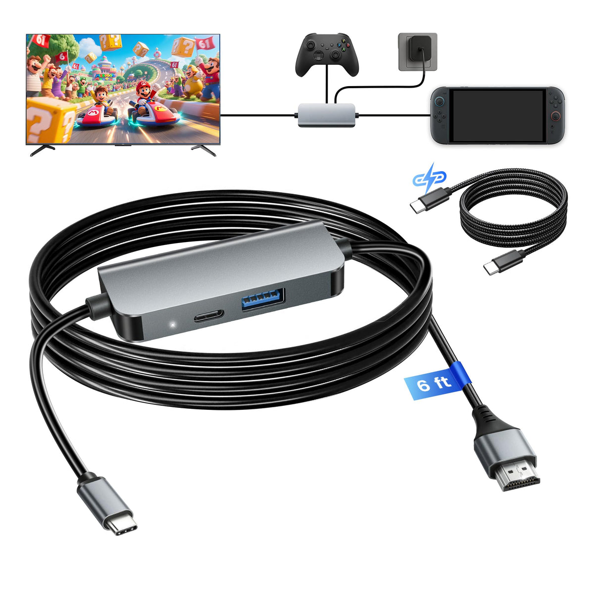 Kurtmark Switch 2 Dock with built-in HDMI cable for instant TV connection.