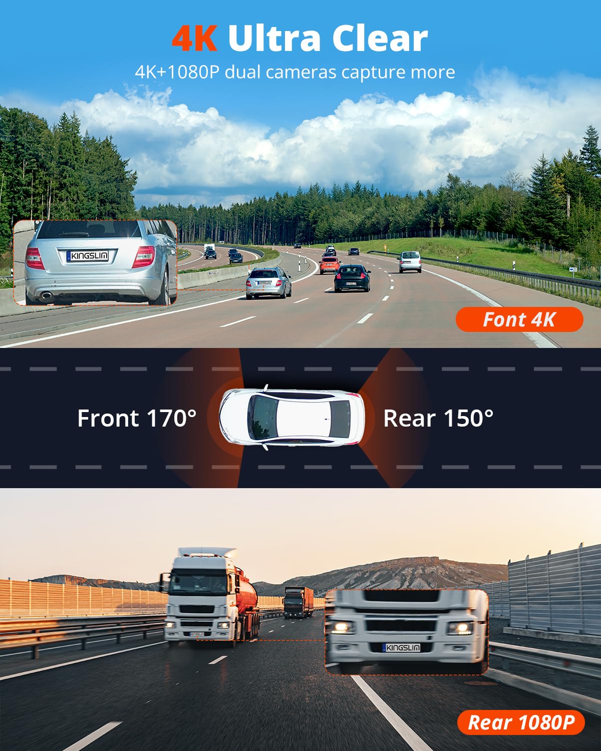 Kingslim rear camera captures wide 1080p footage for side views