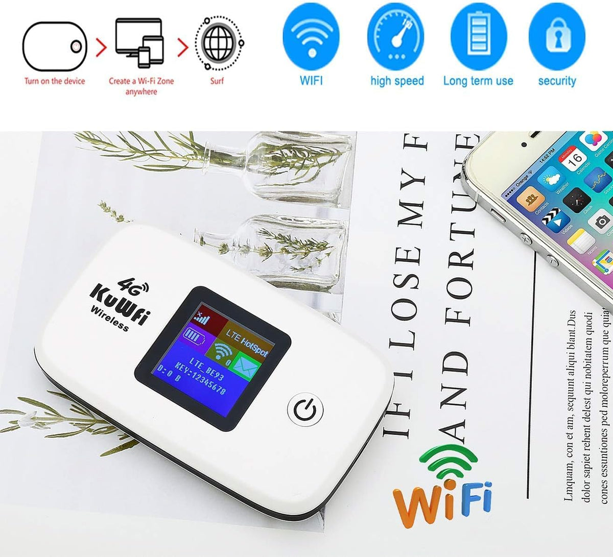 KuWFi back with battery cover open showing 2400mAh battery for on‑the‑go power