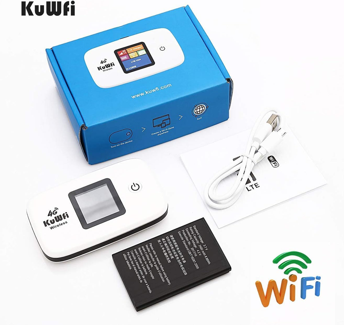 KuWFi on table sharing internet with phone and tablet for group connectivity